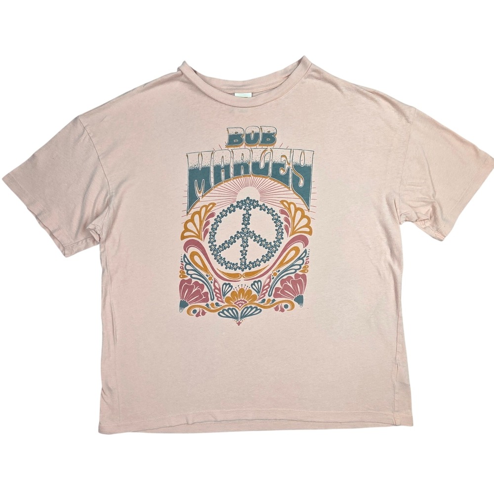 American Eagle Bob Marley Peace Sign Graphic T-Shirt Peach Pink Medium